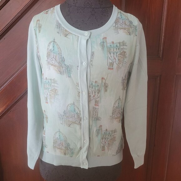 Rafaella Women's Silk & Nylon Cardigan With Architectural Print Button-Down Long - Picture 1 of 7
